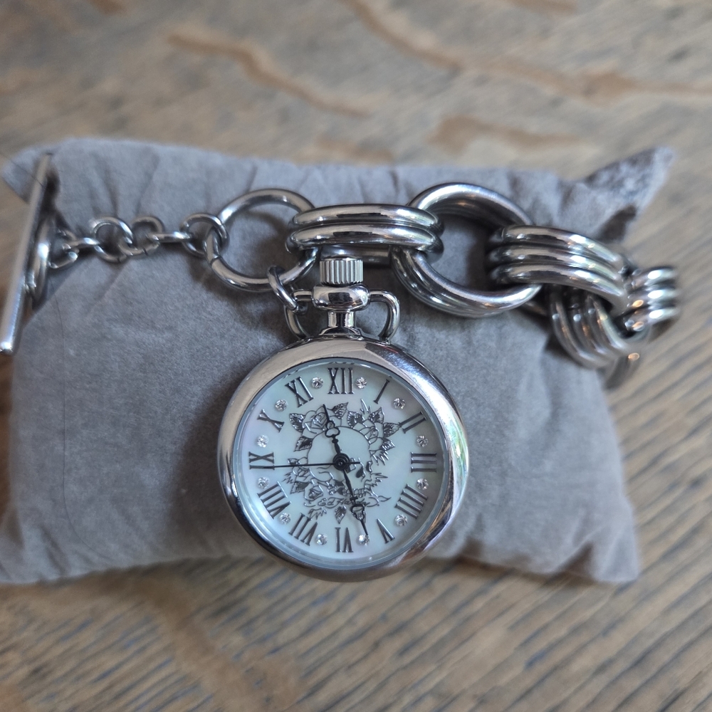 Ed Hardy ALL STAINLESS STEEL Chain & Watch w/Mother of Pearl Face